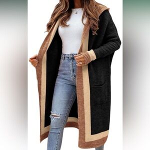 Color Block Vertical Striped Open Front‎ Oversized Hooded Long Cardigan Small